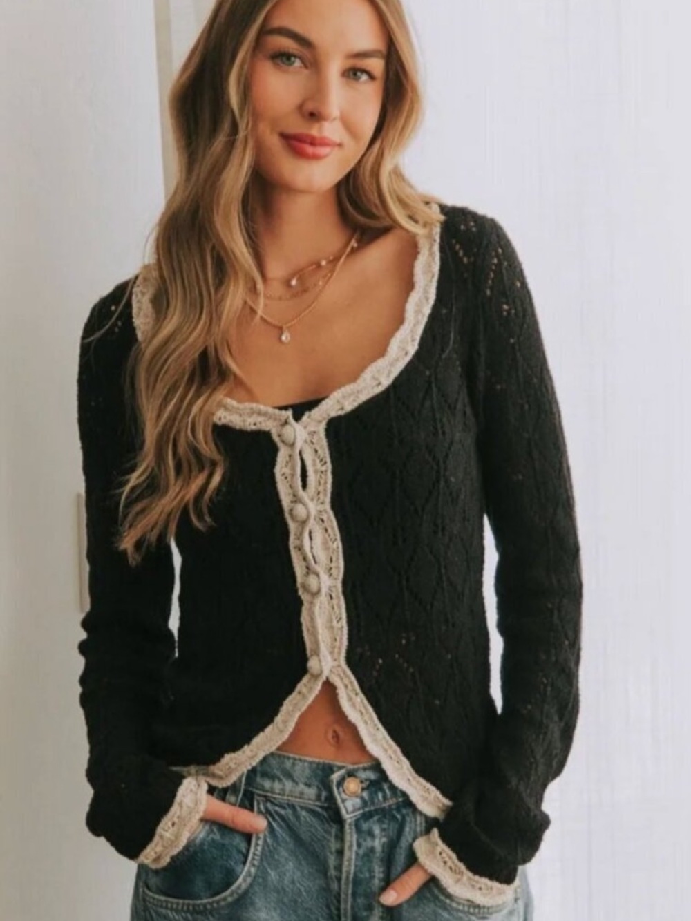 NWOT Free People Adelene Cardigan Black Pointelle Lace Trim Cotton Linen Boho XL
